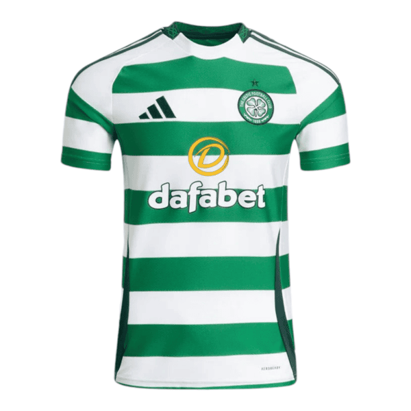Green and white striped football jersey with Celtic FC crest on the chest and 'dafabet' sponsor logo in the center front