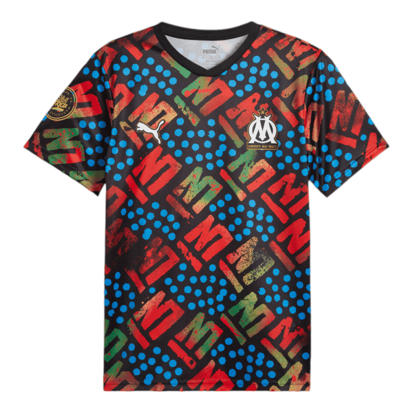 Colorful football jersey with abstract red, green, and blue pattern, featuring Puma logo and Marseille crest.