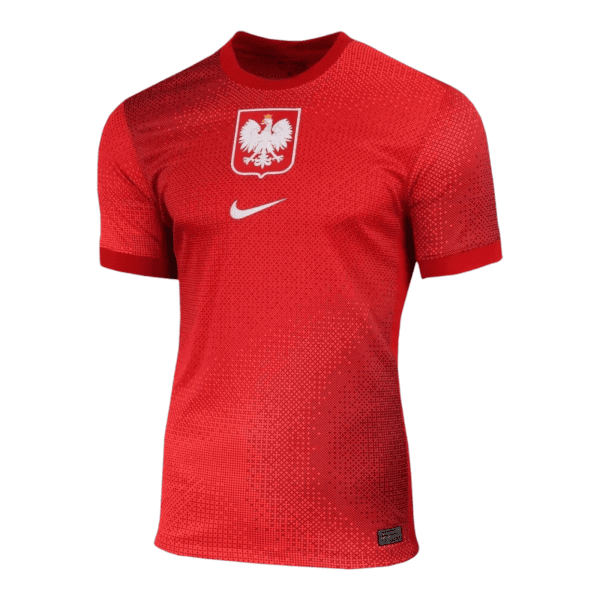 Red athletic jersey with a white Polish eagle crest on the chest and a white Nike logo, featuring a dotted gradient pattern.