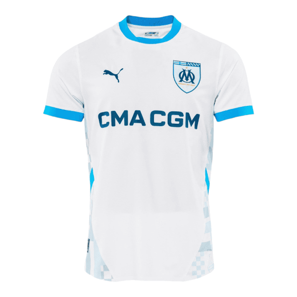 White OM soccer jersey with blue trim, featuring the OM crest, Puma logo, and CMA CGM sponsor.