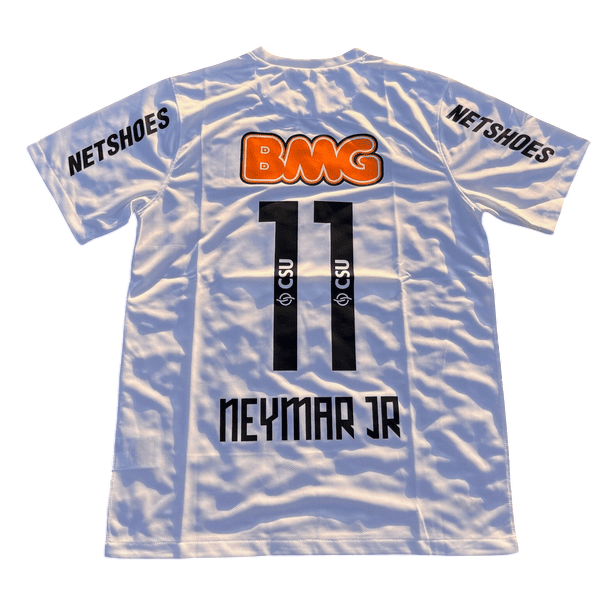 White soccer jersey laid flat, back view: Neymar Jr name and number 11 in black, orange BMG logo, sponsor nets on sleeves (Netshoes).