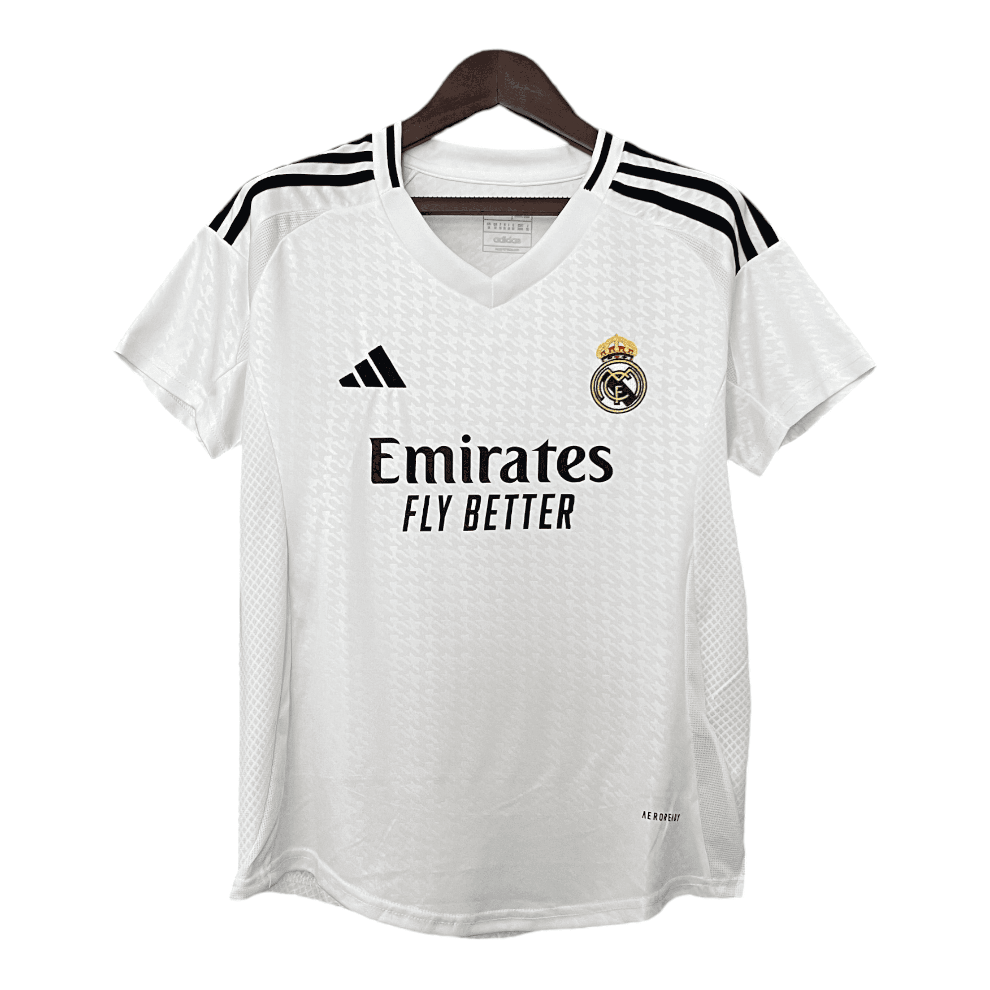 Photoroom-20240806-055513 | AE JERSEY White Real Madrid football jersey on a wooden hanger, featuring crest, Adidas logo, and Emirates sponsor
