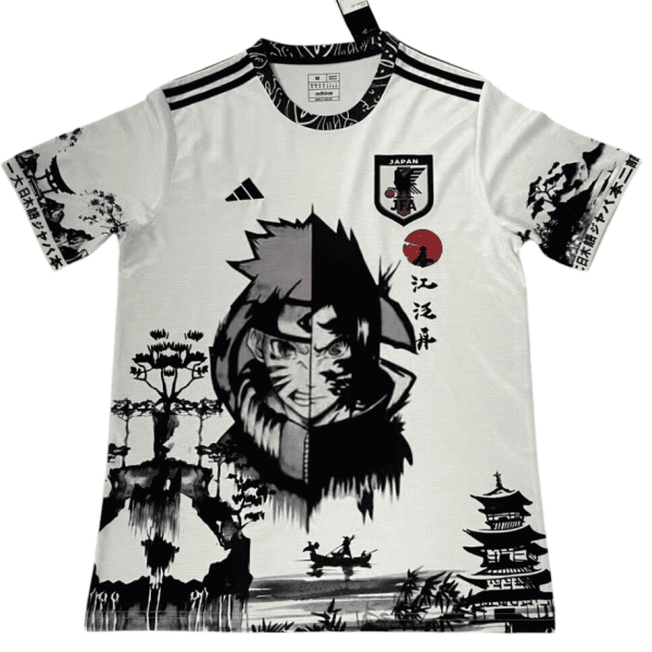 White athletic jersey with a split-face Naruto illustration, black Japanese landscape art, and team logos on the chest and sleeves.