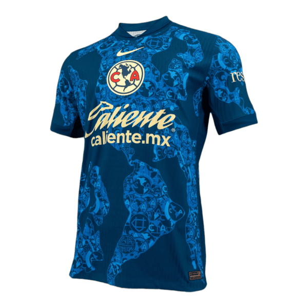 Blue Club América soccer jersey with gold sponsor 'Caliente.mx', crest and Nike swoosh, front view.