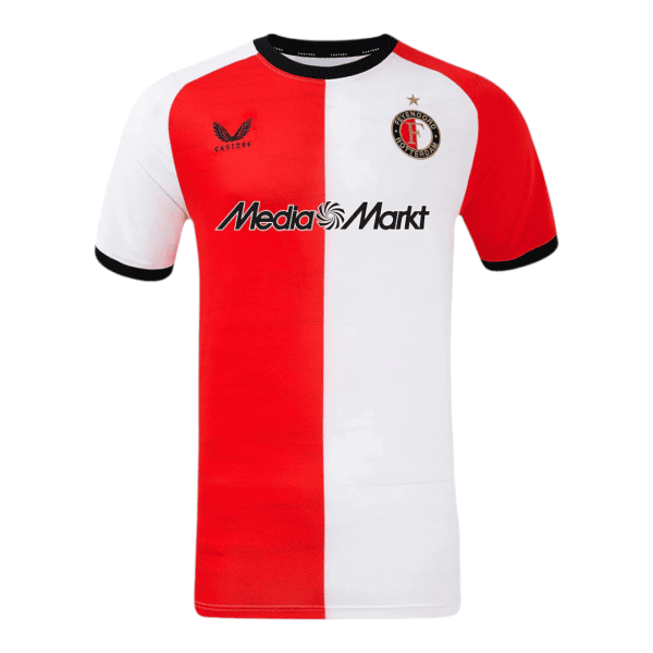 Red-and-white split soccer jersey with Media Markt sponsor and club crest on the chest.