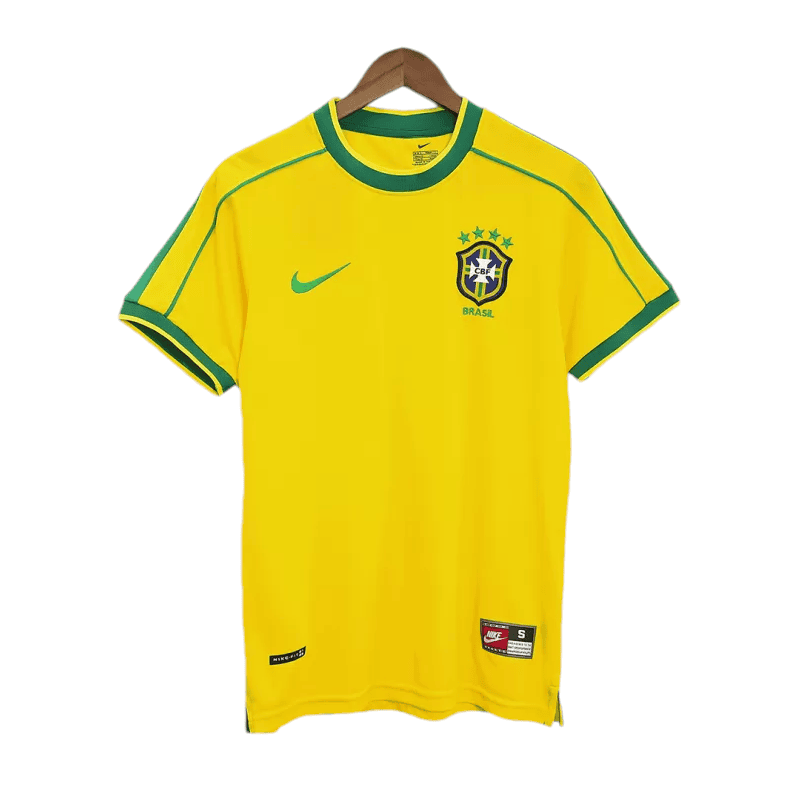 Photoroom-20240806-060613 | AE JERSEY Yellow Brazil national football jersey on a hanger with green trim and crest (CBF) on the chest.