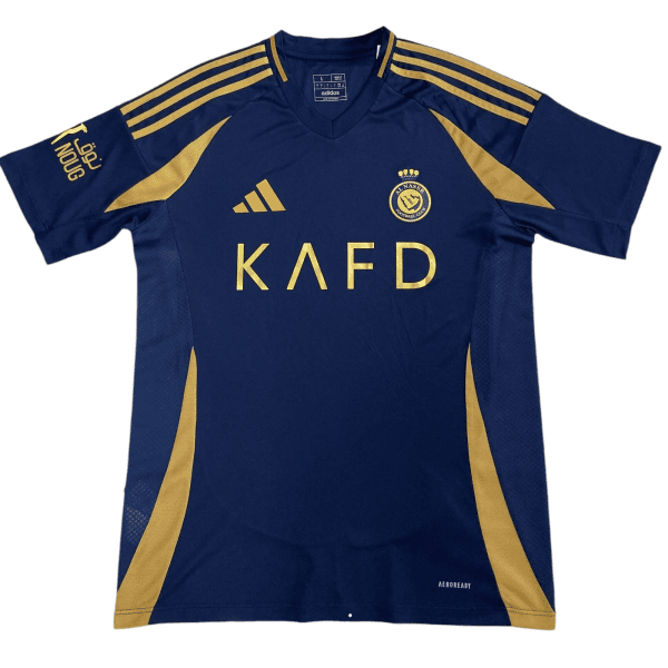 Front view of a navy blue Adidas soccer jersey with gold accents, crest on left chest and KAFD sponsor text across the midsection.