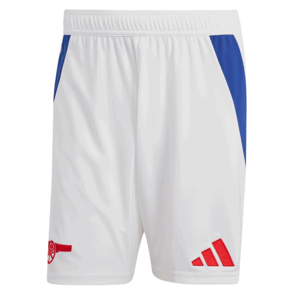 White athletic shorts with blue side panels and elastic waistband; red Arsenal cannon logo on the left leg and red Adidas stripes on the right leg