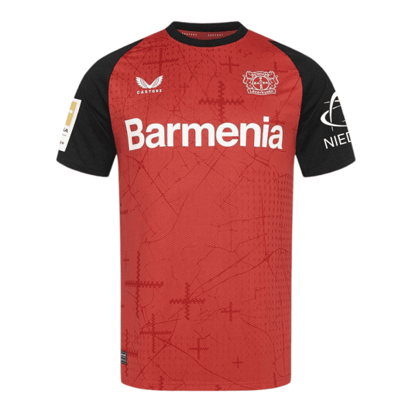 Red Leverkusen soccer jersey with black sleeves and Barmenia sponsor across the chest, featuring team crest on the left and Castore logo on the right sleeve edge.