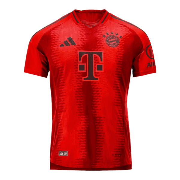 Red FC Bayern jersey with Telekom logo and Adidas stripes, front view, solid red with gradient panels