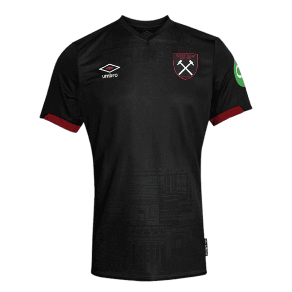 Black West Ham United football jersey with Umbro logo and club crest on the chest; red sleeve cuffs and subtle pattern.