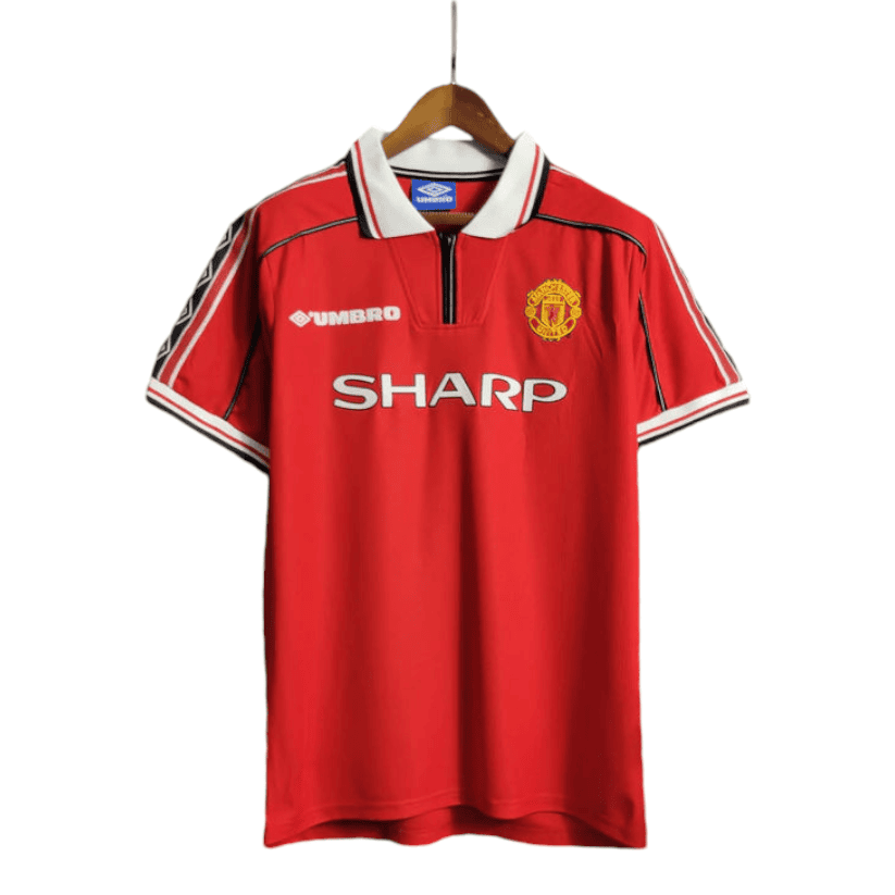 Photoroom-20240815-063128 | AE JERSEY Manchester United red home jersey on a hanger with white collar and SHARP sponsor logo across the chest, crest on the left.