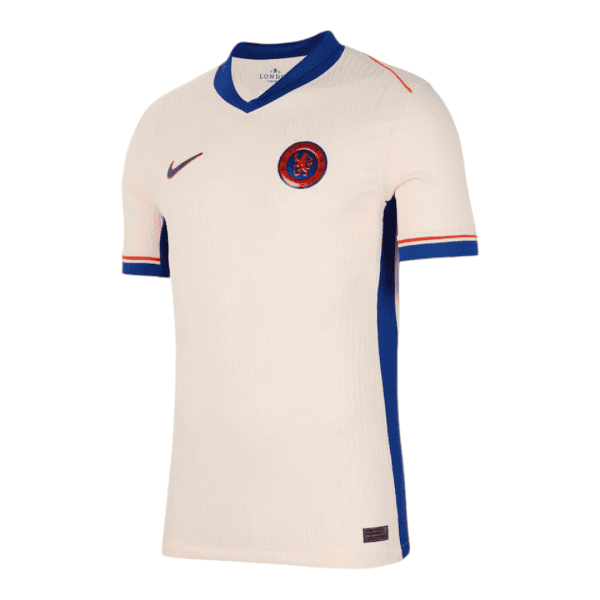 Beige Chelsea football jersey with blue collar and sleeve trim, Nike logo and club crest on the chest.