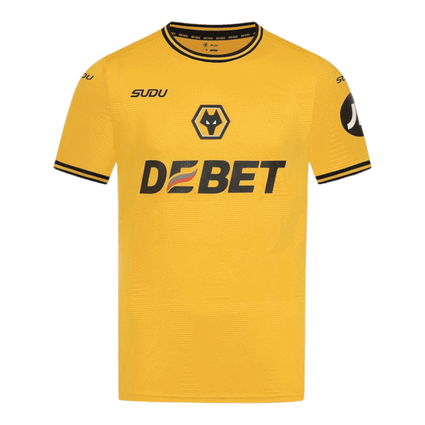 Yellow soccer jersey with black trim and DEBET sponsor logo on chest, Wolves crest on front center, branded SUDU on sleeves and collar edge.