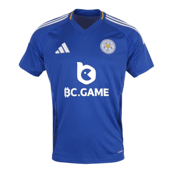 Front view of a blue Leicester City football jersey with white Adidas stripes on the shoulders and a white BC.GAME sponsor logo across the chest.