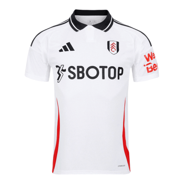 White Fulham FC home jersey featuring a black-trim polo collar, black Adidas logo, club crest on the chest, and red side panels with the SBOTOP sponsor across the front.