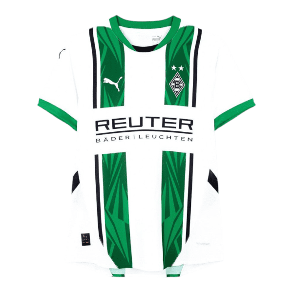 Borussia Mönchengladbach home soccer jersey with green vertical panels, white base, team crest and Puma logo.