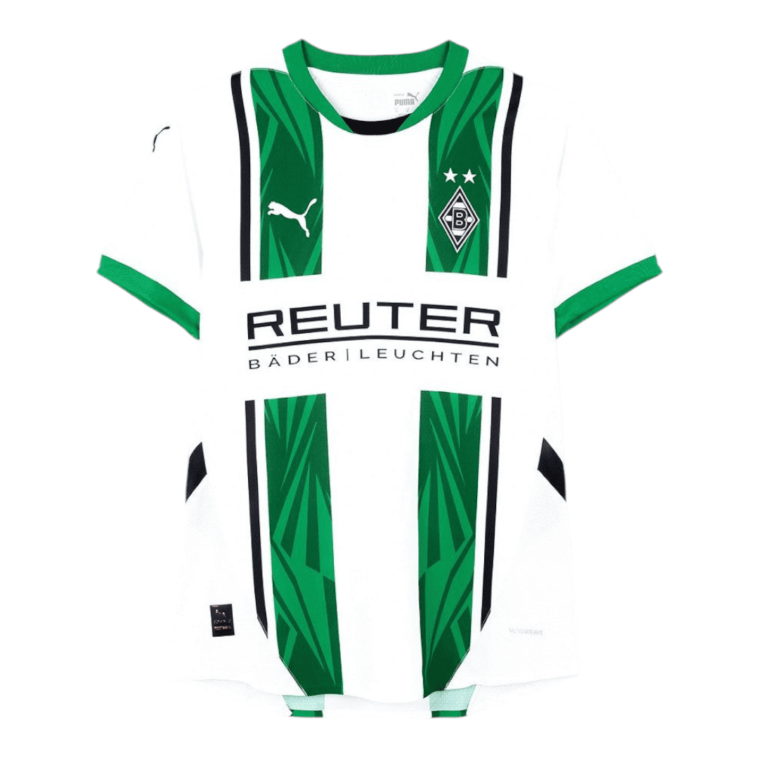 Photoroom-20240815-075428 | AE JERSEY Borussia Mönchengladbach home soccer jersey with green vertical panels, white base, team crest and Puma logo.