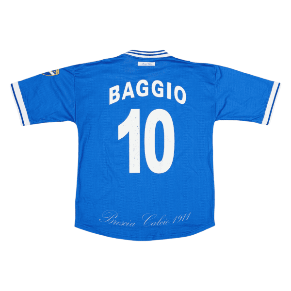 Blue soccer jersey with 'Baggio' and large white number 10 on the back, white striped collar and cuffs, Brescia Calcio 1911 detail at the bottom.
