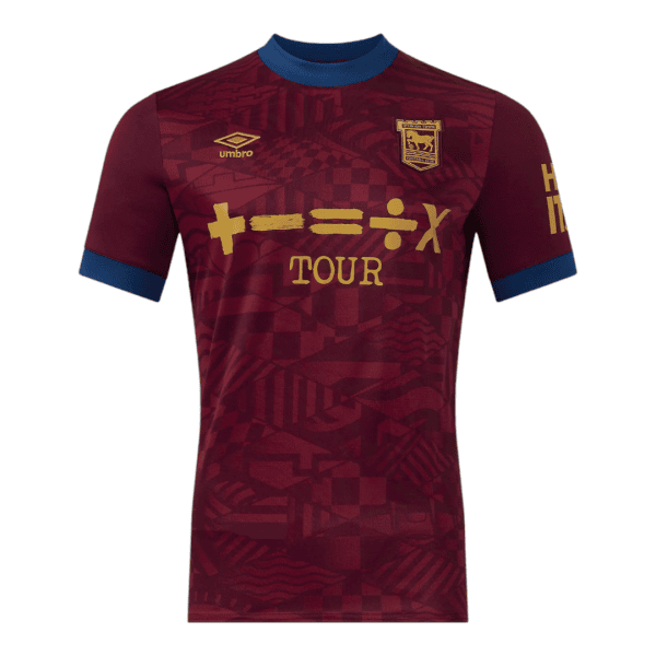 Photoroom-20240815-075724 | AE JERSEY Maroon football jersey with blue collar, gold sponsor text 'TOUR' across chest and team crest on the left chest