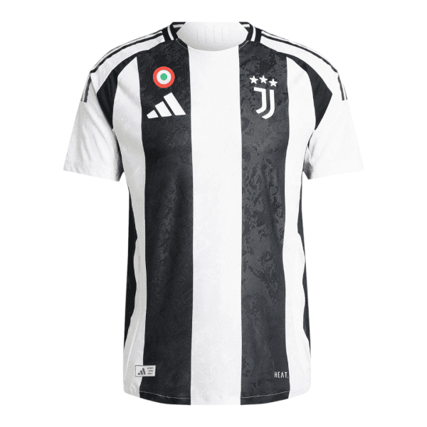 Juventus home soccer jersey with vertical black and white stripes, Adidas logo, and club crest with three stars.