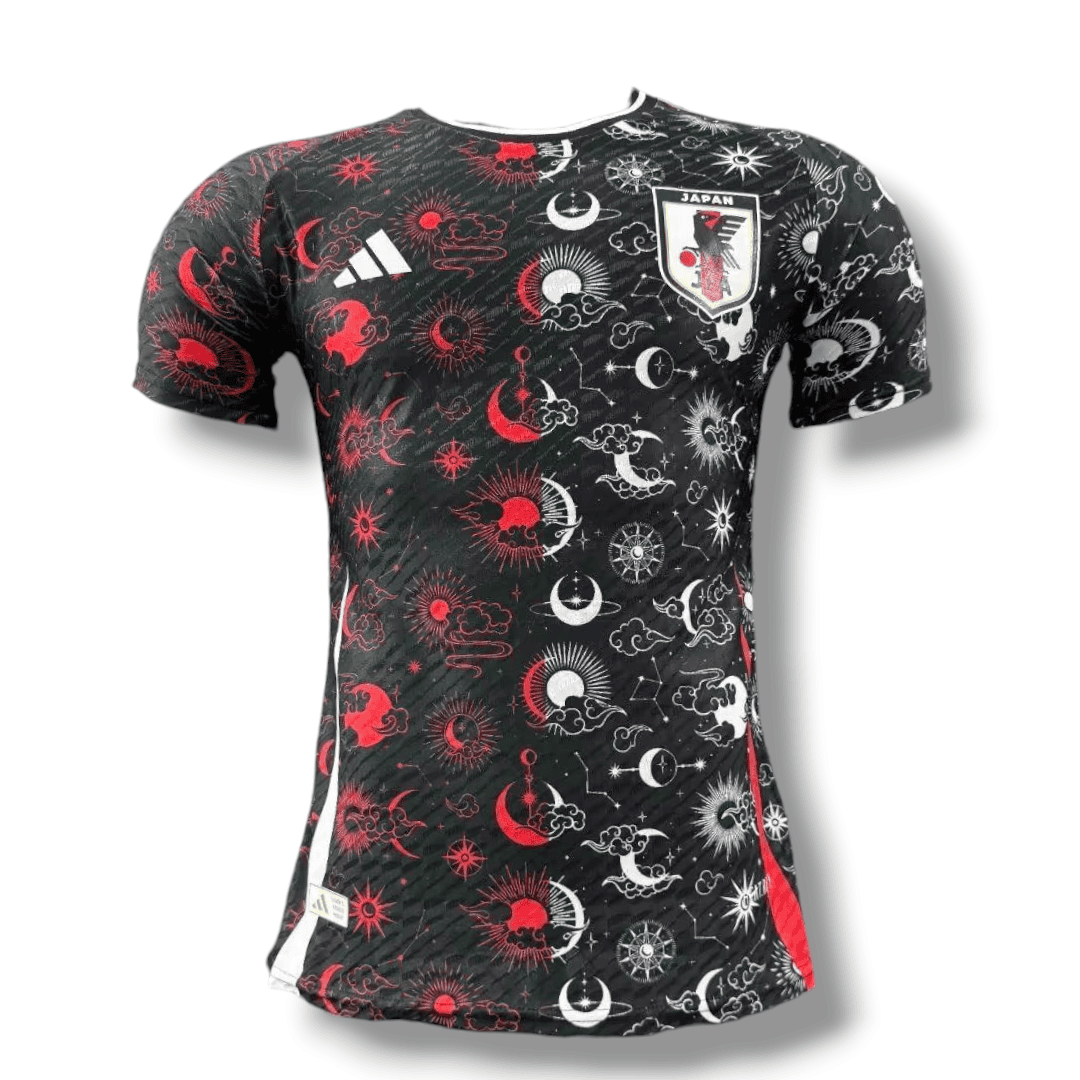 Photoroom-20240904-194530 | AE JERSEY Black Japan national team jersey with red and white celestial patterns and crest on chest.