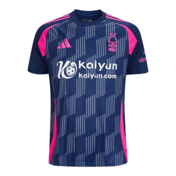 Navy blue soccer jersey with pink panels and diagonal light-blue stripes, featuring Kaiyun sponsor and a tree crest on the chest.