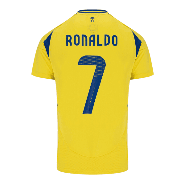 Back view of a bright yellow jersey with blue 'RONALDO' text and a large blue number 7.