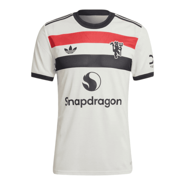 White Adidas football jersey with red and black horizontal bands and Snapdragon sponsor logo on the chest, and a crest on the left.