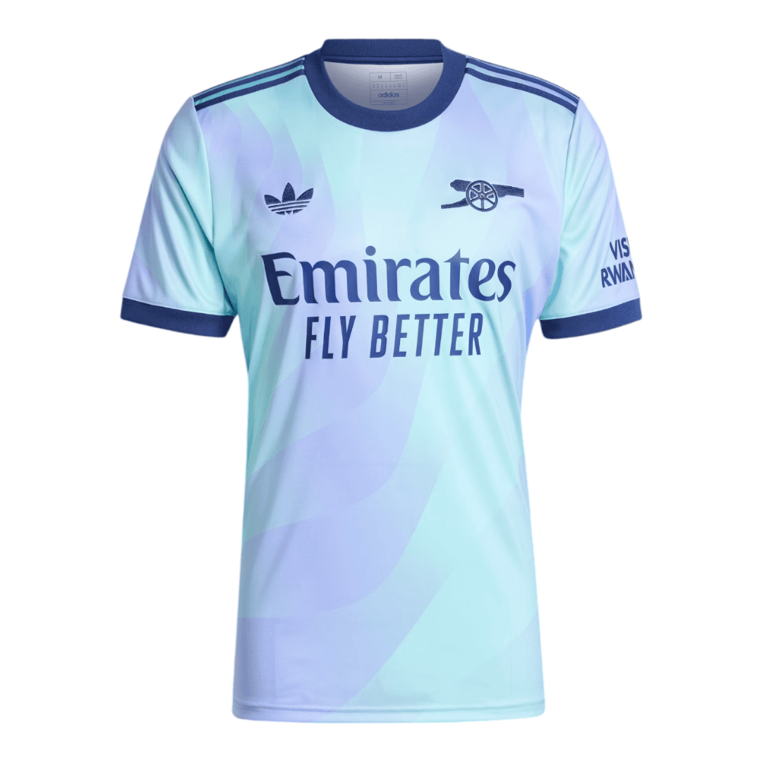 Photoroom-20240920-095404 | AE JERSEY Front view of a pastel gradient soccer jersey in aqua and lavender with navy collar, featuring Emirates Fly Better sponsor text and Adidas logo on the chest.