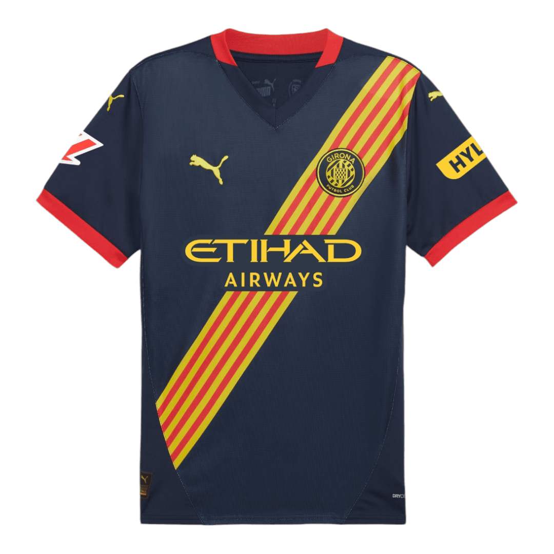 Photoroom-20241018-181533 | AE JERSEY Dark blue Girona FC football jersey with a yellow-red diagonal sash, Girona crest, and Etihad Airways sponsor.