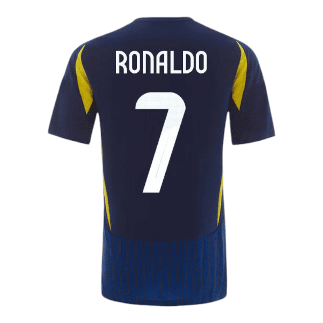 Photoroom-20241018-181706 | AE JERSEY Back of a dark blue soccer jersey with the name 'RONALDO' and the number 7 in white, yellow accents on the sides and a patterned blue hem.