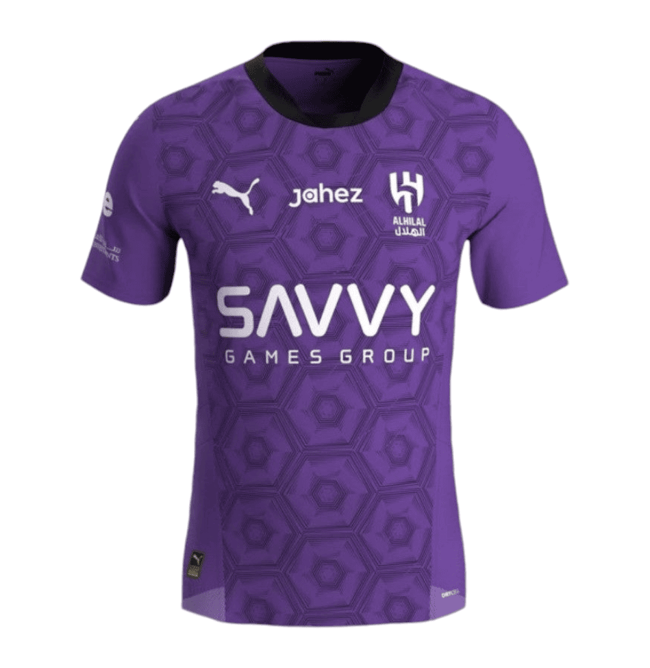 Photoroom-20241018-181739 | AE JERSEY Front view of a purple esports jersey with a black collar and hexagonal pattern, featuring the Savvy Games Group logo on the chest and Puma logo nearby.