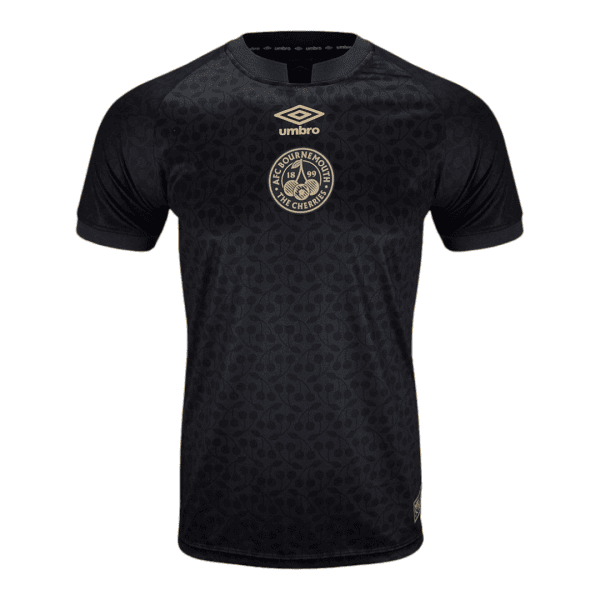 Black AFC Bournemouth football jersey with a subtle cherry-pattern design, gold club crest and gold Umbro logo on the chest.
