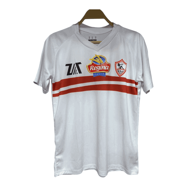 White athletic jersey on a hanger featuring Regina Pasta logo and a shield crest with a red band across the chest area.