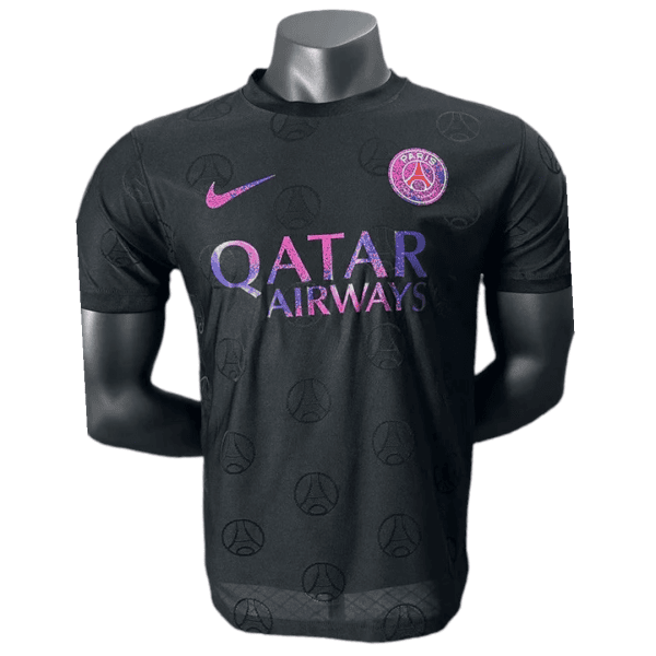 Black Paris Saint-Germain soccer jersey on a mannequin, featuring the Qatar Airways sponsor in pink-purple gradient and crest on the chest.