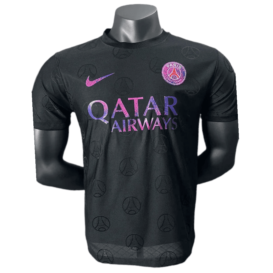 Photoroom-20241103-175402 | AE JERSEY Black Paris Saint-Germain soccer jersey on a mannequin, featuring the Qatar Airways sponsor in pink-purple gradient and crest on the chest.
