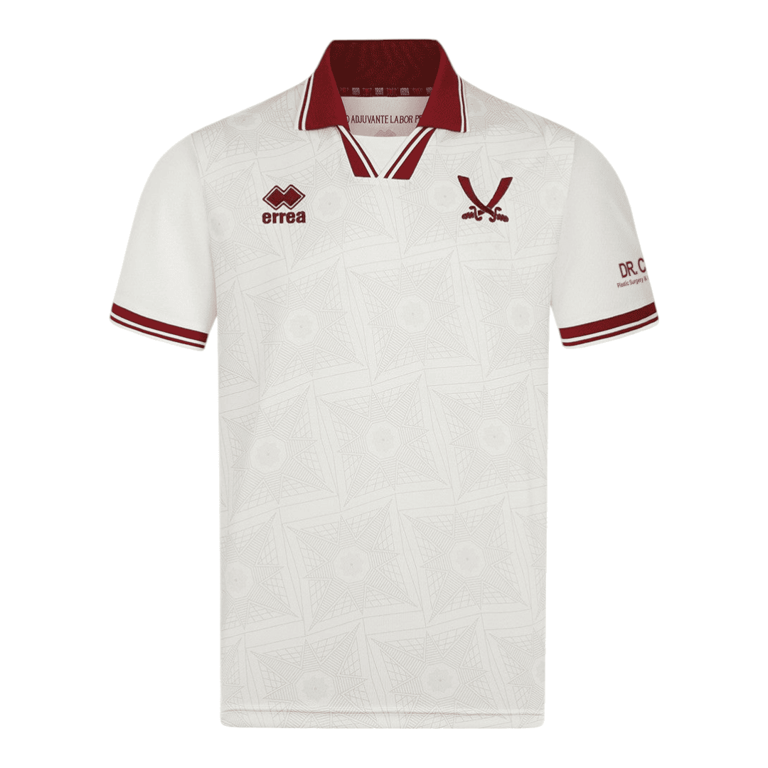 Photoroom-20241103-175718 | AE JERSEY White polo shirt with maroon collar and sleeve trim, subtle geometric pattern, Errea logo on the left chest and a maroon team crest on the right chest.