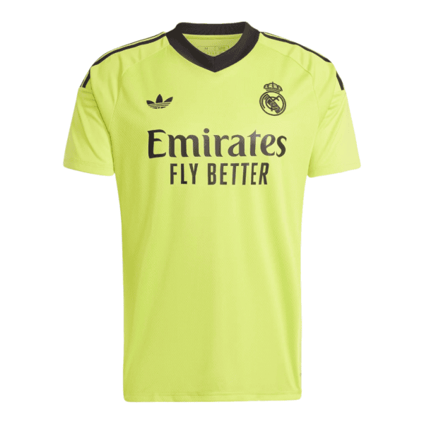 Neon yellow Real Madrid football jersey with black crest, Adidas logo, and 'Emirates FLY BETTER' sponsor text central front.
