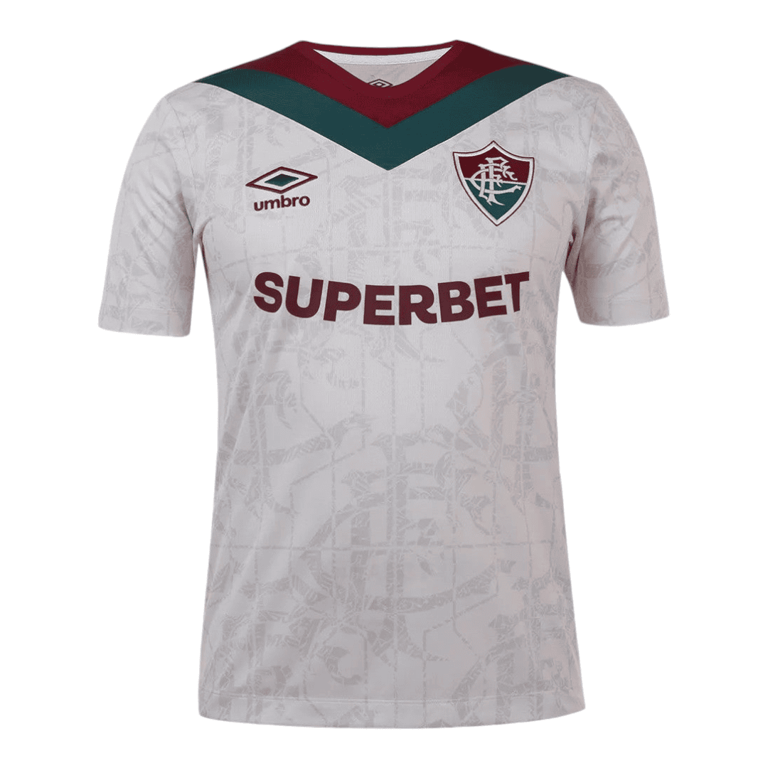 Photoroom-20241103-180217 | AE JERSEY White soccer jersey with maroon and teal chevron at the neckline, crest on the left chest, Umbro logo, and 'SUPERBET' sponsor across the front.