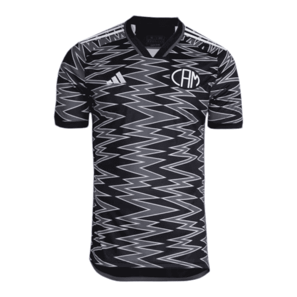 Black and gray zigzag-patterned short-sleeve soccer jersey with a V-neck collar and white logos on the chest (Adidas and circular emblem).