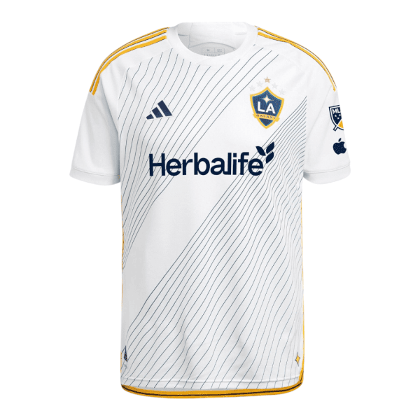 White LA Galaxy soccer jersey with blue diagonal pinstripes, yellow trim, and Herbalife sponsor logo on front.