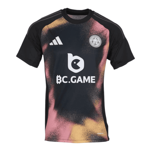 Black and multicolor gradient soccer jersey with BC.GAME sponsor logo and Leicester City crest on the chest.