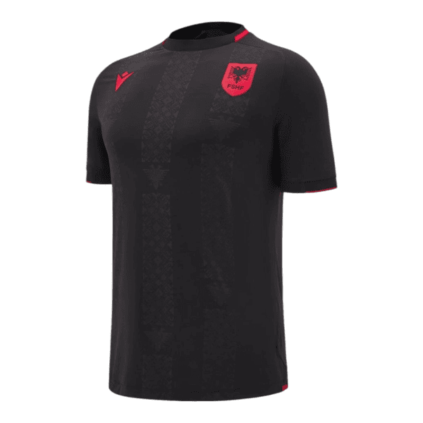 Black Albania national football team jersey with red crest on the chest and a subtle vertical pattern across the front.