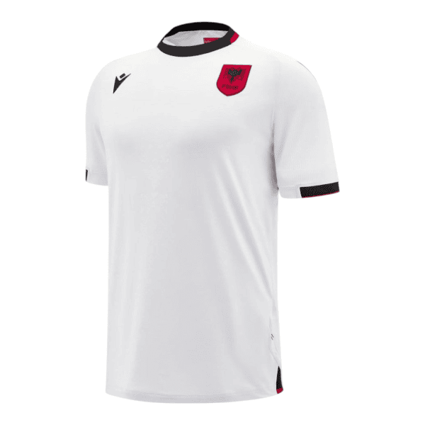 Front view of a white football jersey with a red Albanian FSHH crest on the chest and black collar trim.
