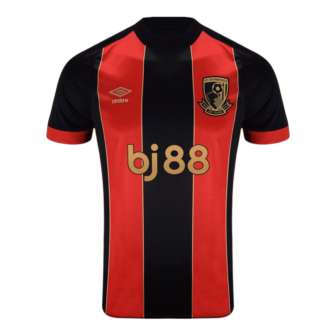 Photoroom-20241123-194253 | AE JERSEY Red and black striped soccer jersey with club crest on chest and 'bj88' sponsor across front, short sleeves with red cuffs, front view.