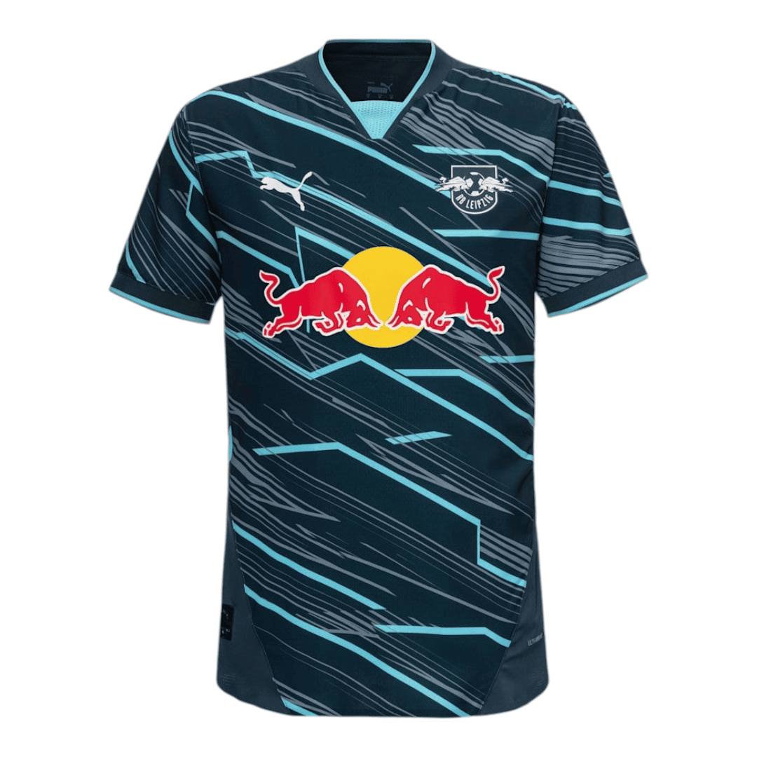 Photoroom-20241123-194322 | AE JERSEY Dark blue football jersey with teal diagonal stripes and the Red Bull logo across the chest; RB Leipzig crest on the left and Puma branding above.
