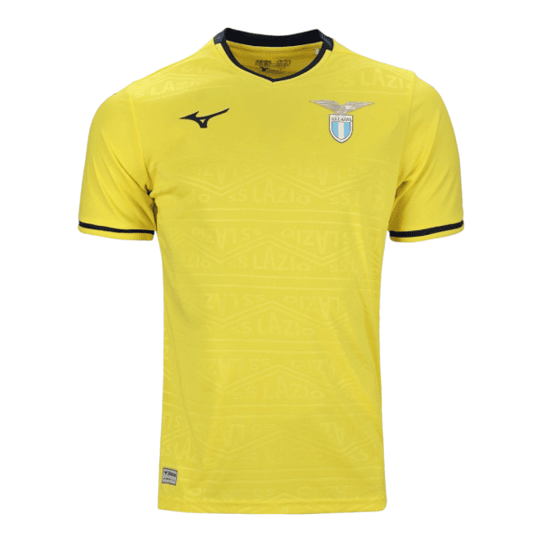 Lazio soccer jersey in bright yellow with navy collar and sleeve trim, Lazio crest on the chest and Mizuno logo on the other side.