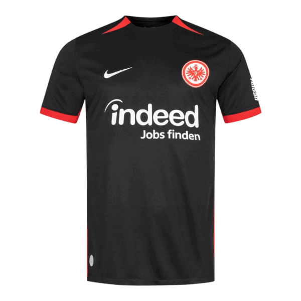 Black soccer jersey with red trim on the sleeves and chest, featuring a white Nike swoosh, a circular red-and-white club crest on the chest, and the 'indeed Jobs finden' sponsor logo.