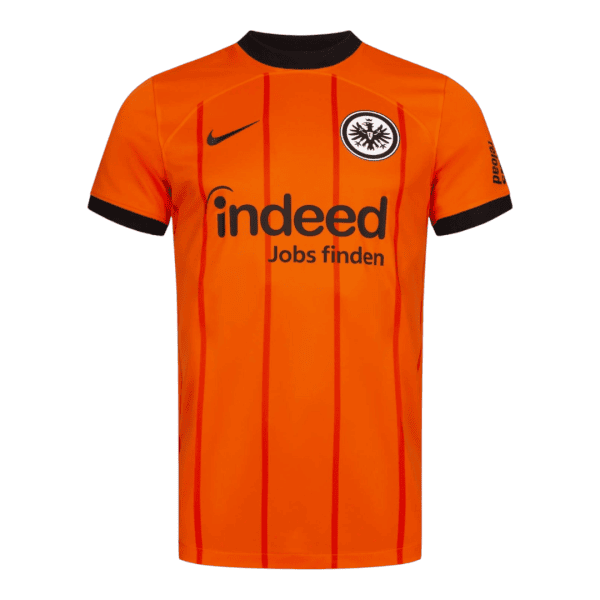 Orange soccer jersey with black collar, vertical stripes, and sponsor 'indeed Jobs finden' on the front; club crest on left chest and Nike swoosh on right chest.